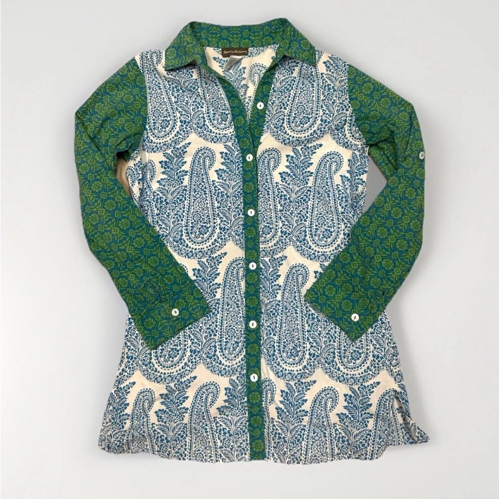 Tommy Bahama Shirt Women XS Paisley Print Button Up Tunic 100% Cotton Hawaiian